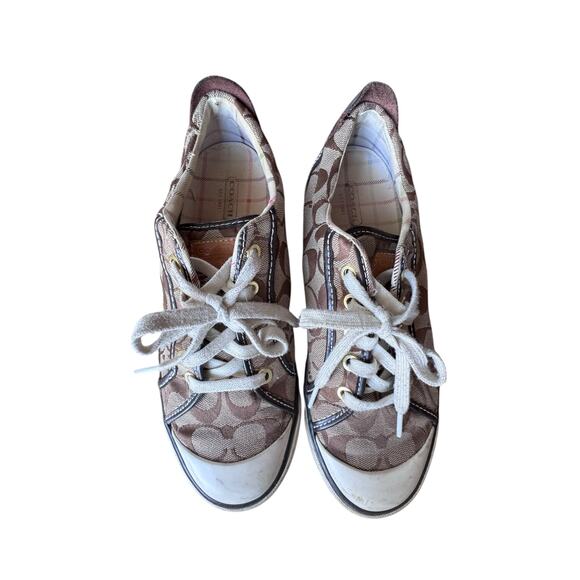 Coach Barrett Signature C Jacquard Canvas Sneakers Brown Tan 8B Logo Shoes - Picture 2 of 7